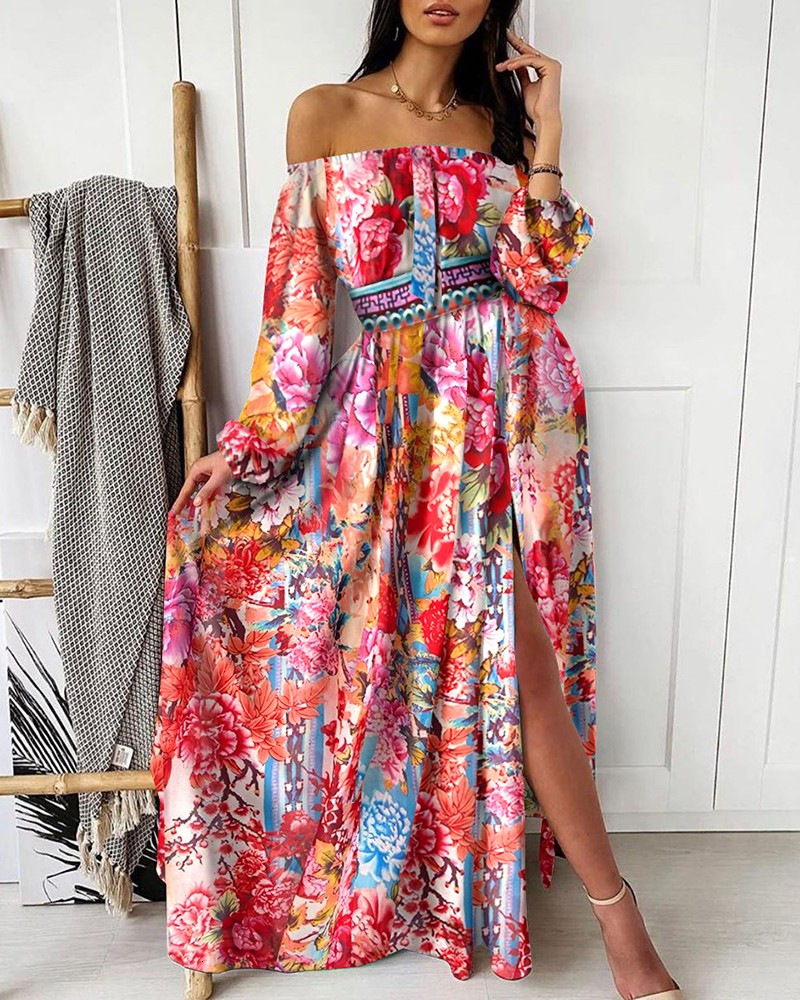 2025 Summer Evening Dress Printed Dress One Shoulder Hooded Long Sleeve Swing Open Skirt