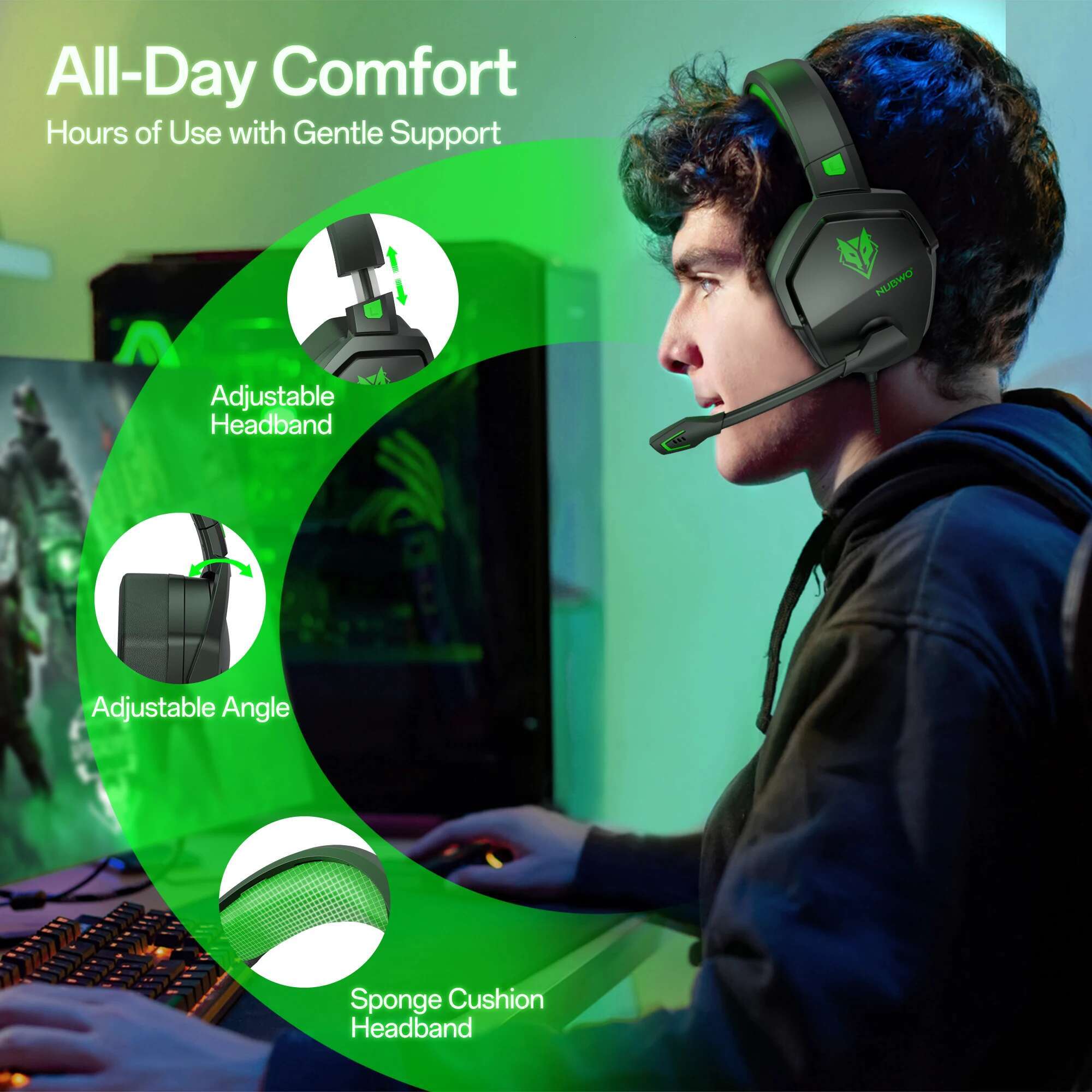 NUBWO N16 Headset - Noise Canceg Mic, Stereo Sound, and Comfortable Design Gaming Headphones for PS5, PS4, Xbox One