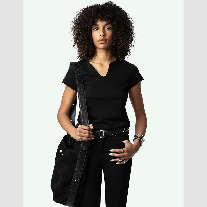 Spring And Summer New French Niche ZV Back Letter Plush Print U-Shaped Collar Black Women's Short Sleeved T-Shirt