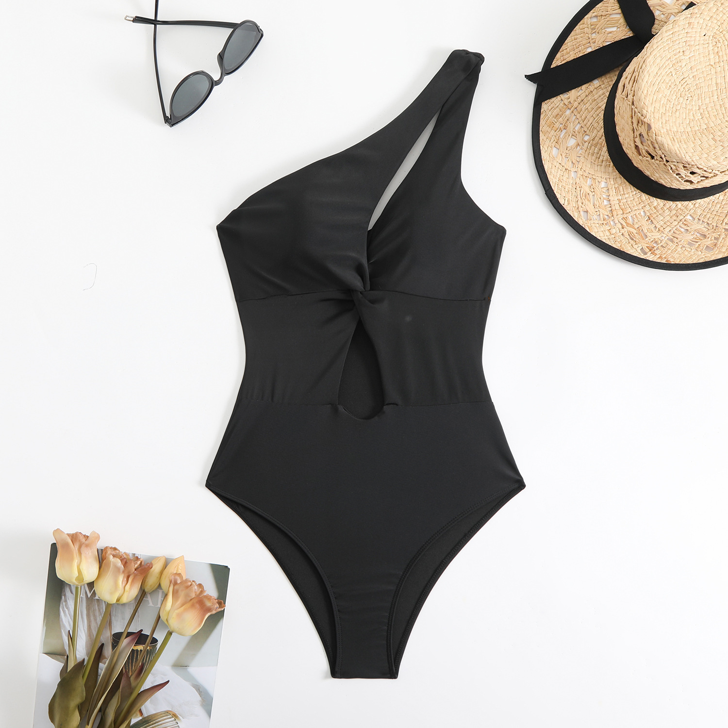 2025 new solid color one-piece triangle single shoulder tight swimsuit for women, Huludao