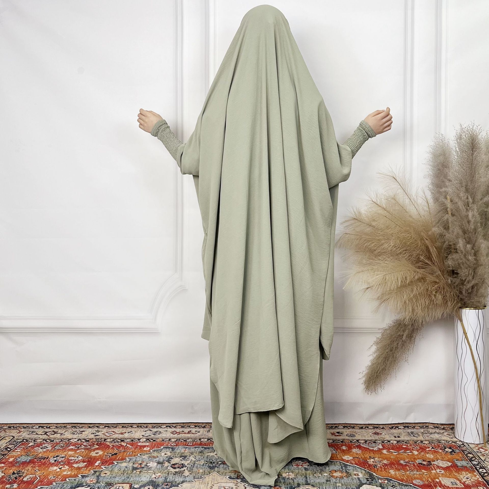 Solid Colored Long Robe With Ice Silk Wrinkled Lantern Sleeves, Loose And Comfortable Two-Piece Women's Skirt Set Abaya Maxi Dresses Islamic Clot