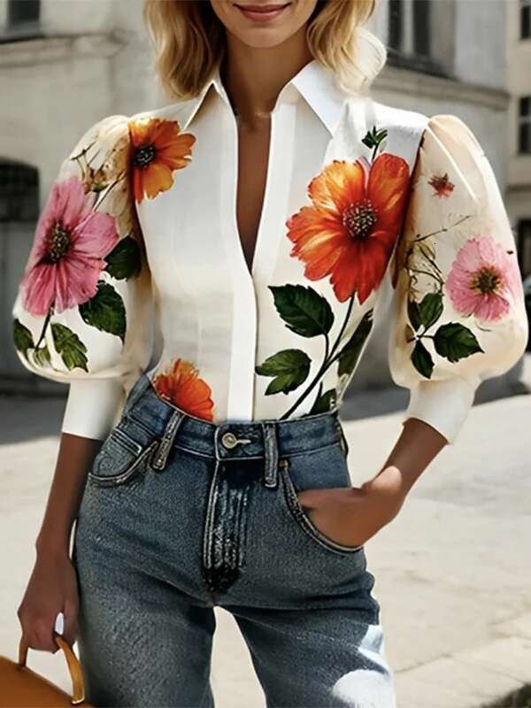 Krisstarsgirls Blouses Women Elegant 2025 Spring Summer Chic Puff Sleeves Asymmetric ral Printed Lapel Shirts Tops for Woman
