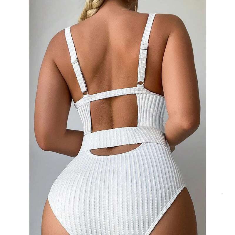 2024 NEW Solid Color White One Piece Swimsuit Women,high Waist Belt V-neck Conservative Bikini Monokini,beach Vacation Swimwear