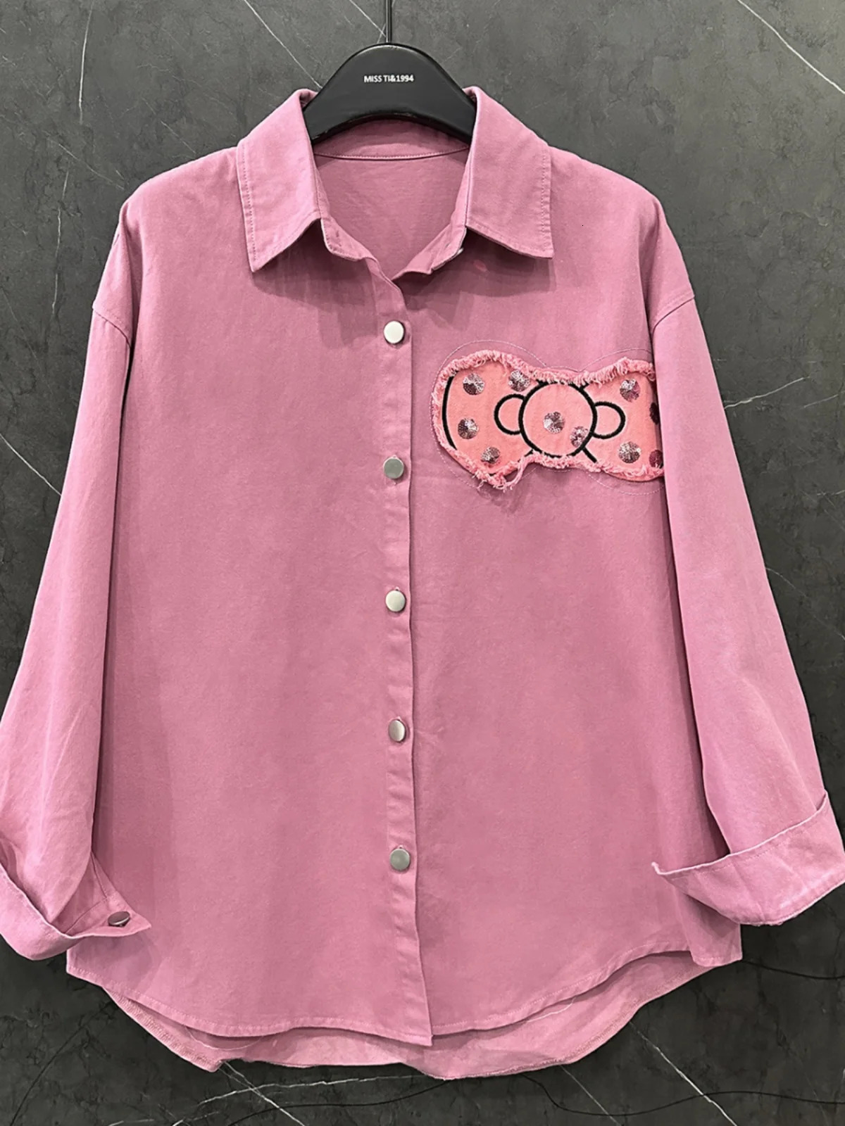 SpringSummer Heavy Industry Patch Embroidered Rabbit Bow Denim Shirt Jacket Long Sleeve Womens Loose Casual Top 250403