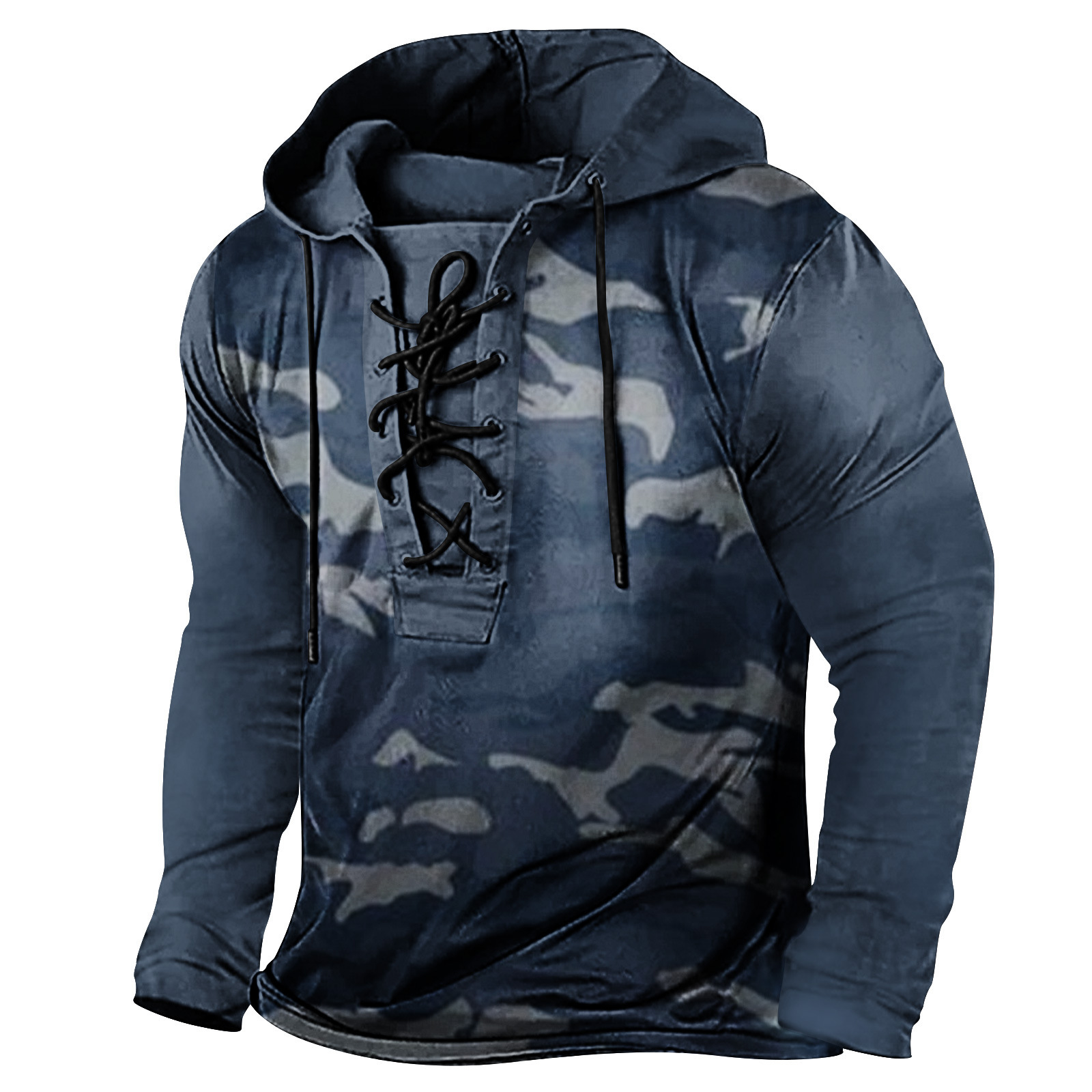 2024 Spring New Mens Digital Printed Strap Up Large Hooded Long Sleeve T-shirt Mens Wear