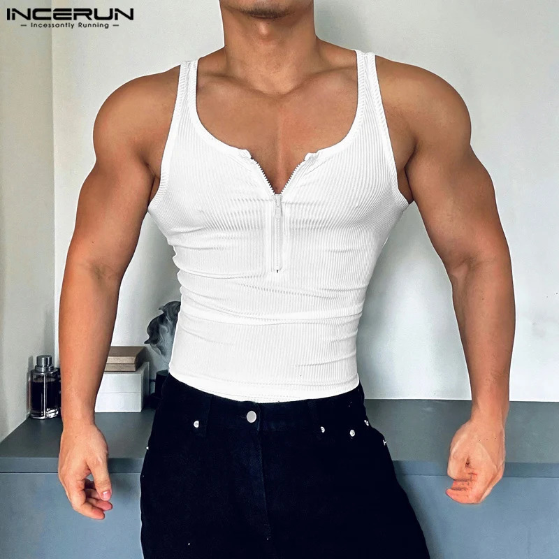 INCERUN Tops American Fashion Mens Striped Zipper Tank Top Casual Street Clothing Mens Solid Sleeveless Tank Top 250403