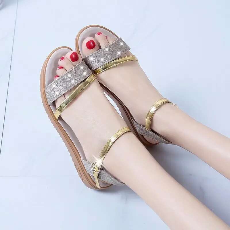 2025 Summer New Women's Sandals Gold Low Casual Shoes Women's Open toed Summer Square Women's Designer Fashion Ankle Strap High Heels