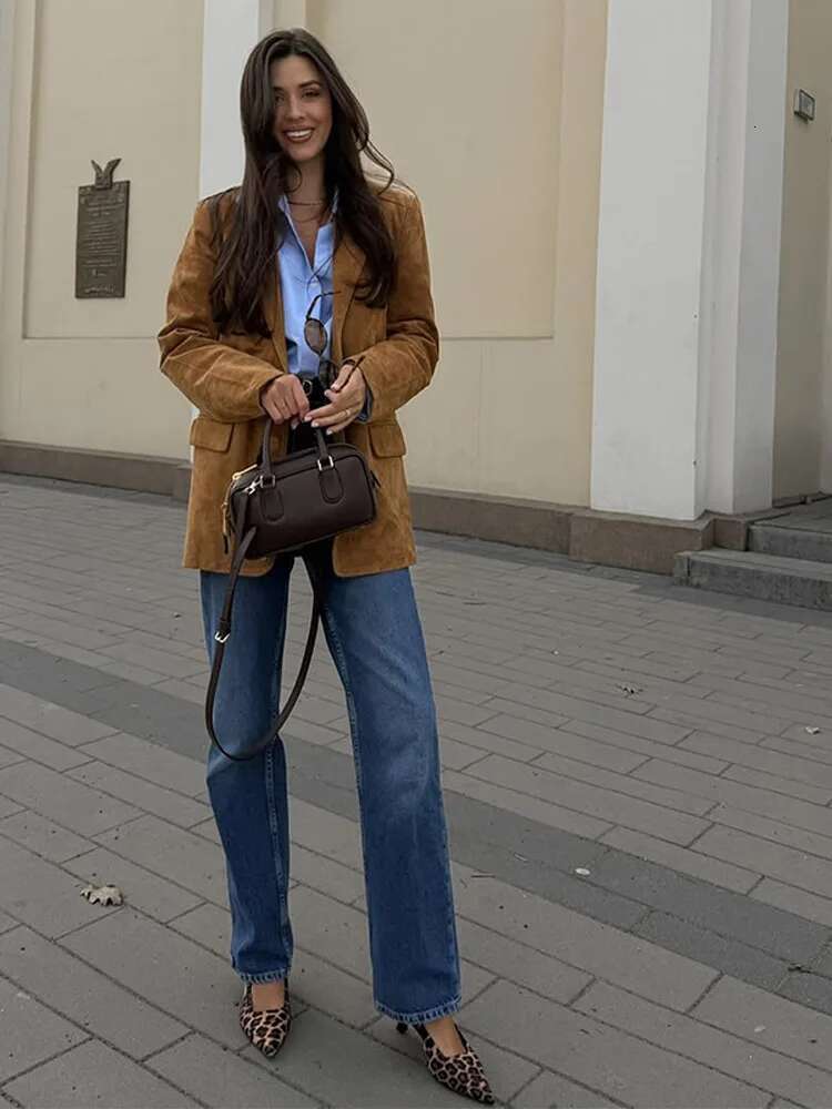 Vintage Women's Suede Leather Jacket Single Breasted Lapel Brown Blazer Loose Coats 2025 Spring Office Lady Outerwears