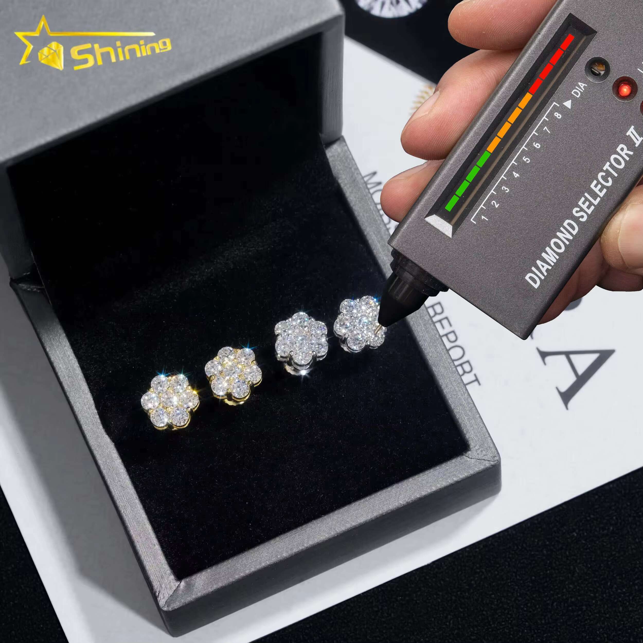 Hot Sale Pass Tester Hip Hop Sier Gold Plated Flower VVS Moissanite Dia Stud Earrings