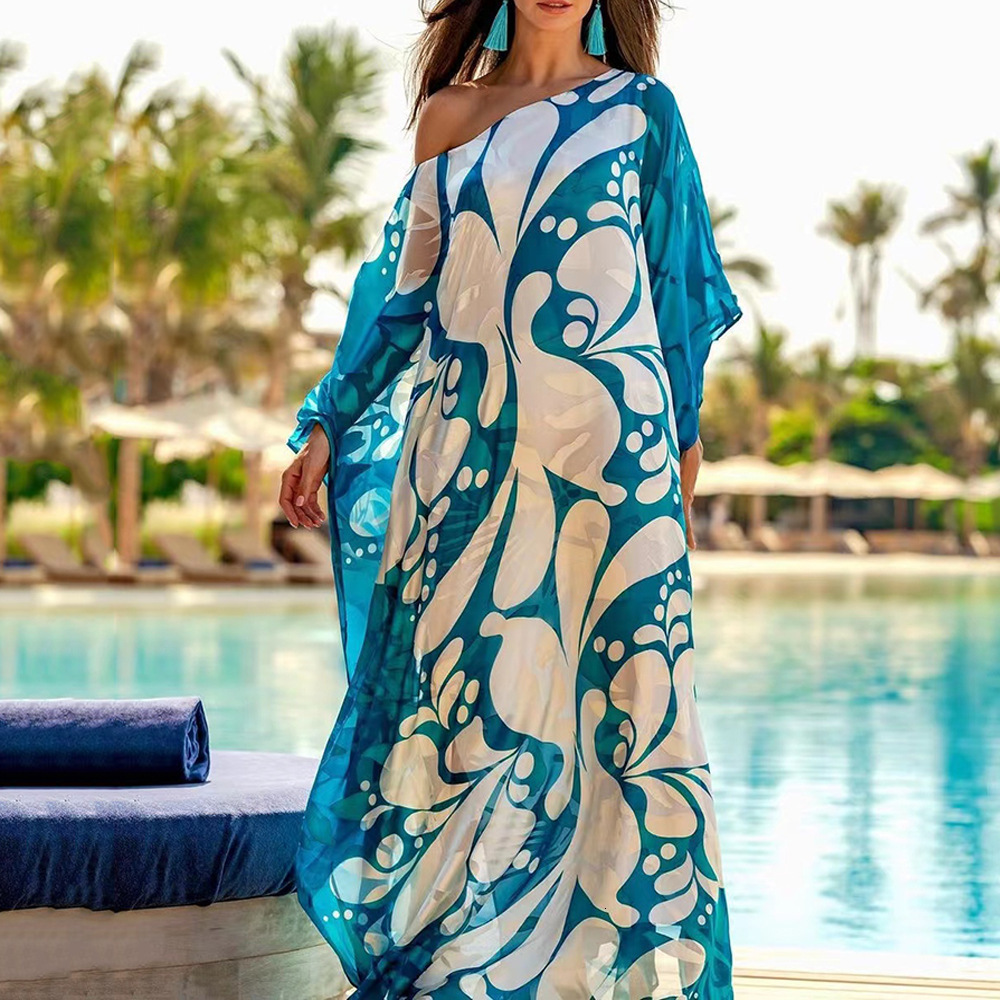 2025 Spring/summer New Womens Cross Shoulder Dress Bohemian Dress Printed Loose Off Shoulder Long Dress