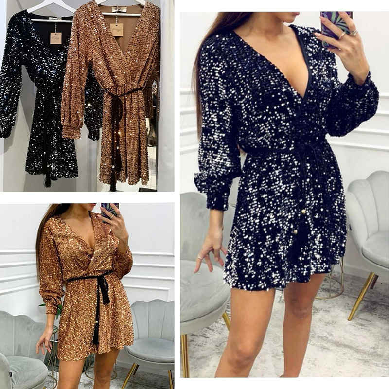 2025 Summer Womens Dress V-neck Fashion Glitter Waist Strap Bareback Short Skirt