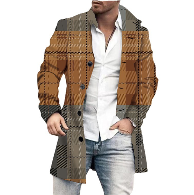 New mens 3D printed woolen stand up collar mid length casual pocket coat jacket