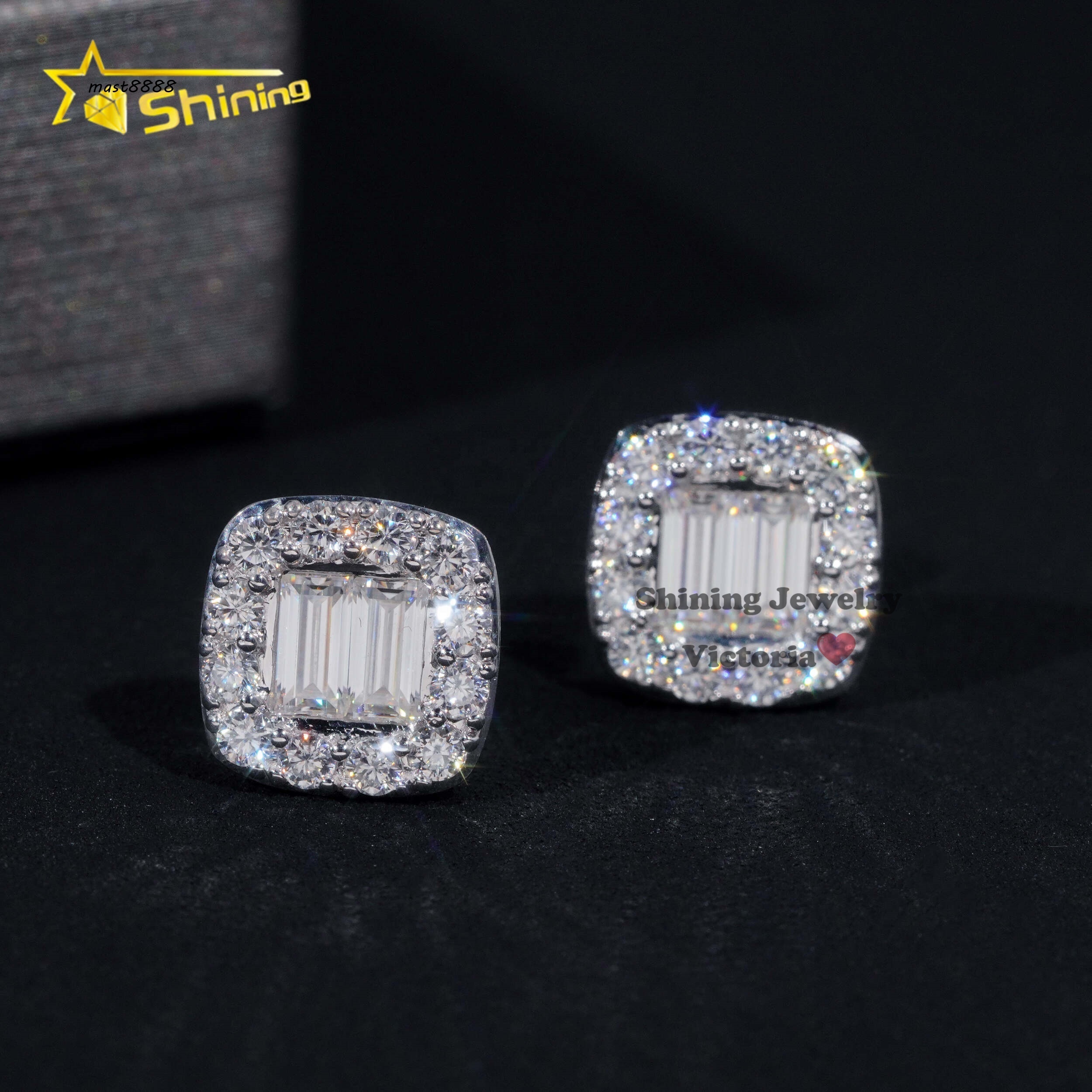 Luxury Halo Design Bageutte Stud 10K Soild Gold Mens Hip Hop VVS Moissanite Diamond Earrings