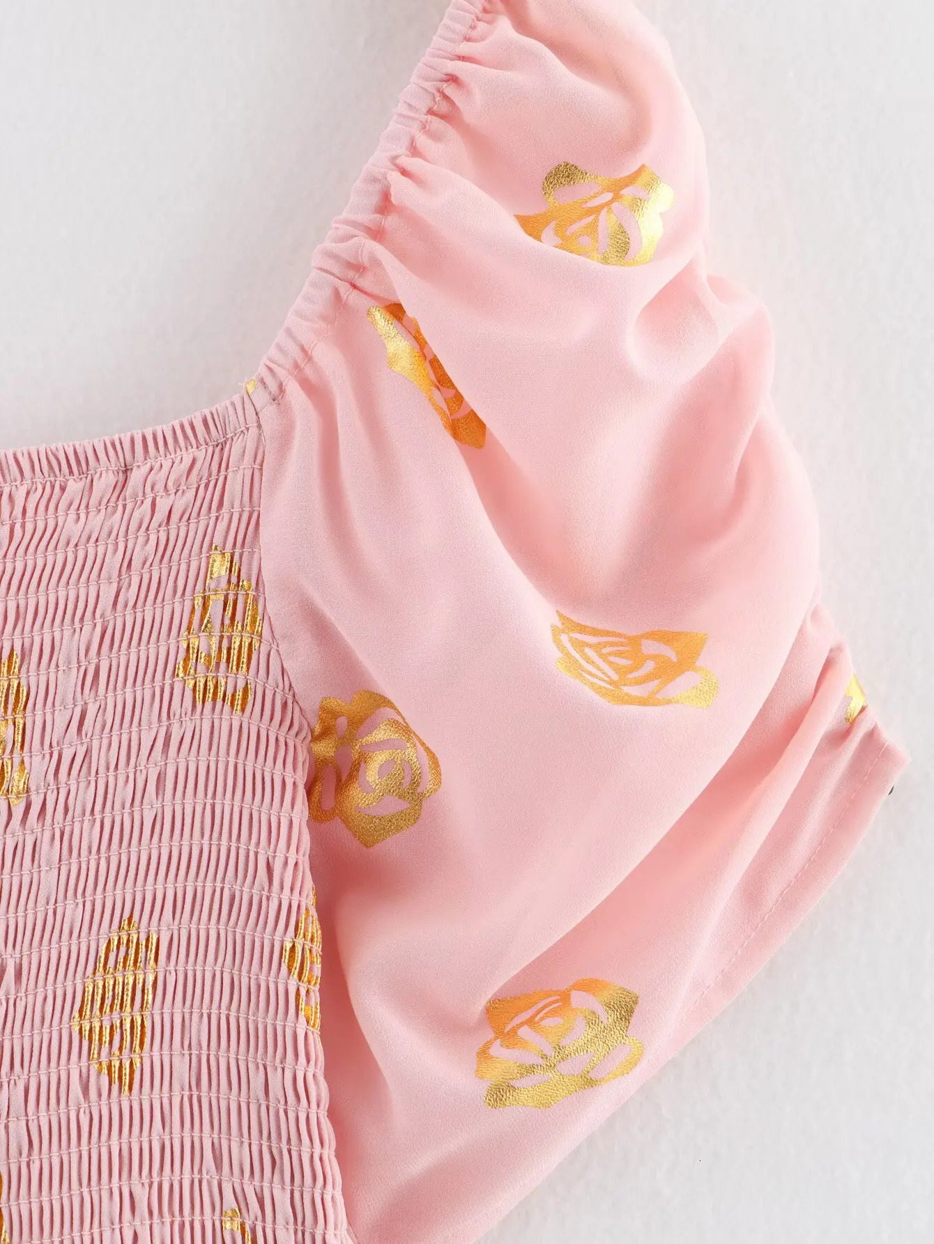 square neck puff short sleeved womens clothing for smoking body rose print summer lace up skiing 250401