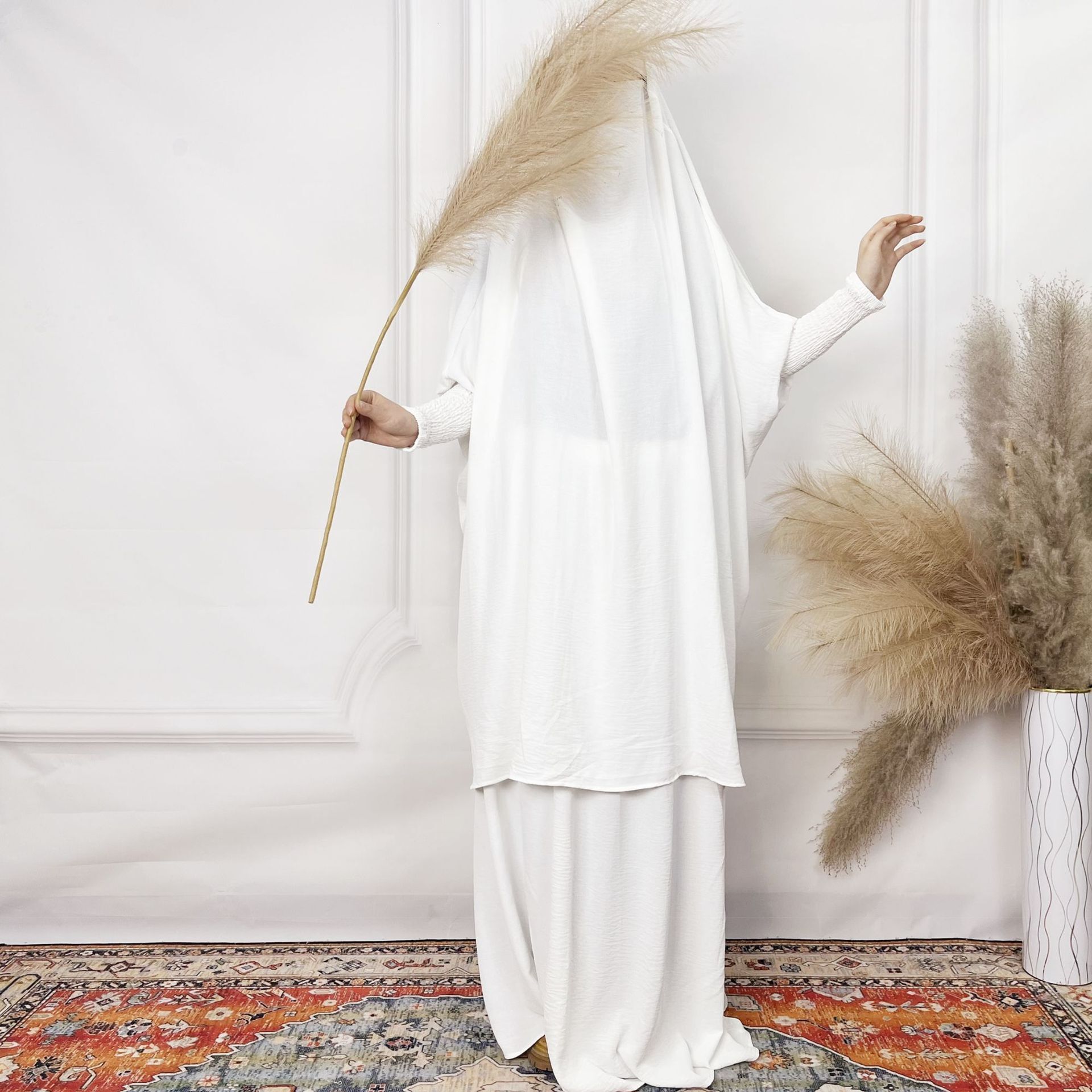 Solid Colored Long Robe With Ice Silk Wrinkled Lantern Sleeves, Loose And Comfortable Two-Piece Women's Skirt Set Abaya Maxi Dresses Islamic Clot