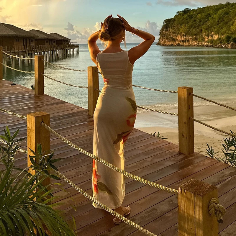 CUTENOVA Spring/Summer Light Dress See Through Floral Sleeveless Sexy High Score Printed Dress for Womens Fashion 250401