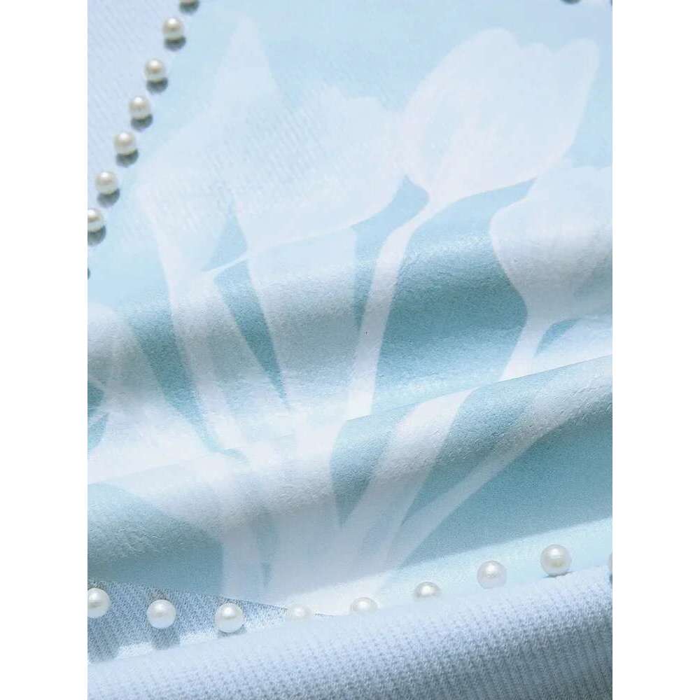 Blue Loose Hoodies Women Nail Bead Print Round Neck 2025 Autumn New Fresh Tops Soft Knitwears Jumper