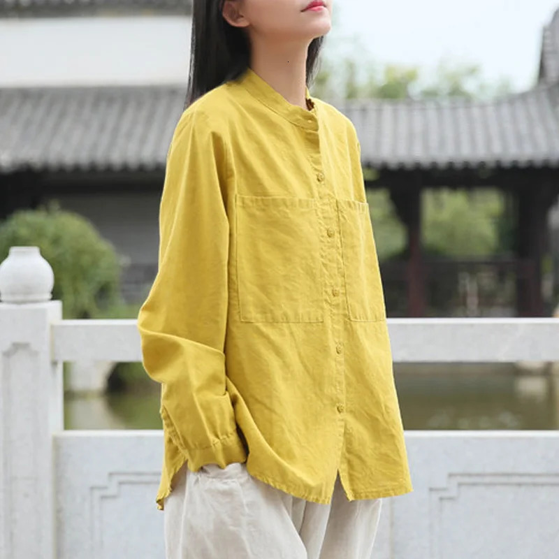 Johnature Leisure Stand Pockets Single Breasted Long Sleeve Cardigan Shirt Autumn Cotton Linen Comfortable Women Tops 250402