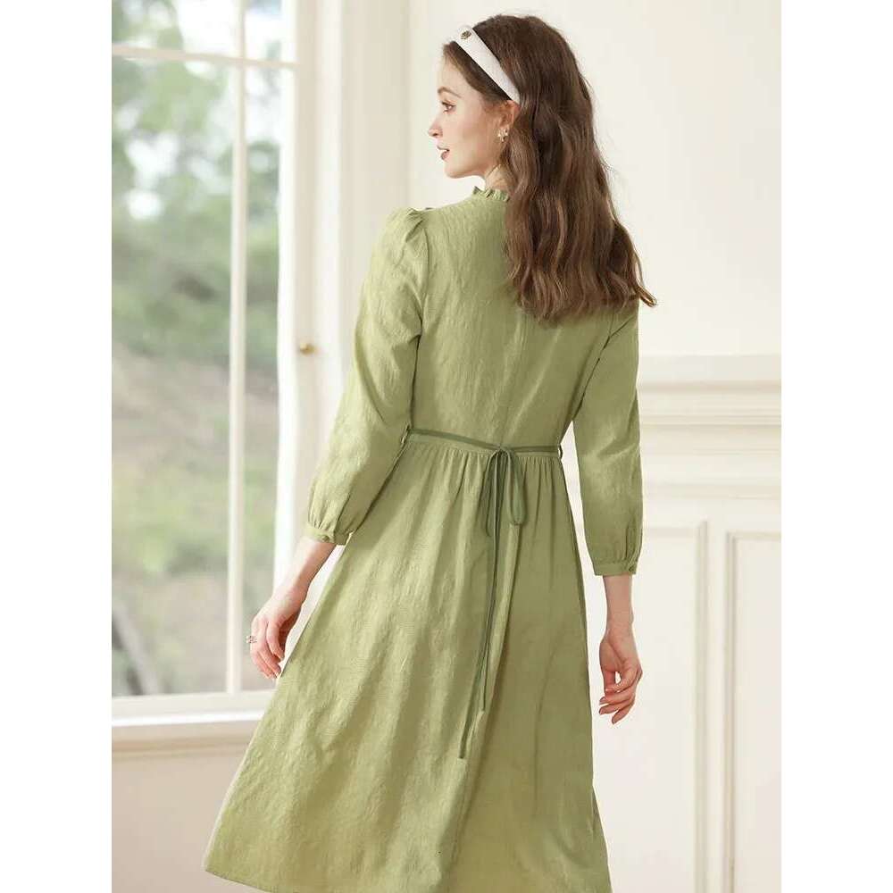 Green Women Dresses Autumn New French Elegant Puff Sleeve Cotton High Waist A-E Female Dress