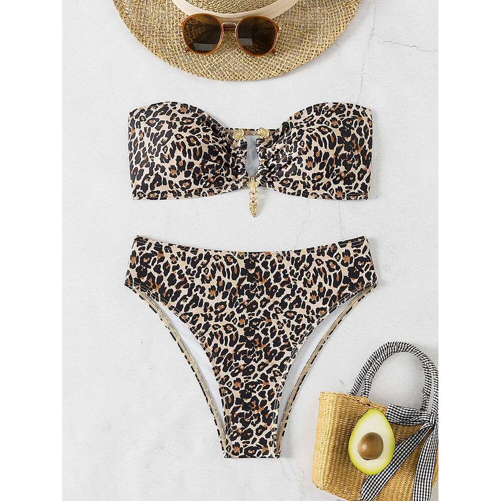 Sexy Leopard Print Two Piece Swimsuit for Women Strapless Backless Bikini Set High Waist Beach Vacation Bathing Suit Swimwear