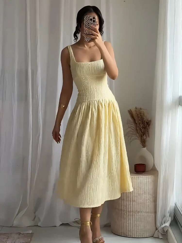 2025 RARA Summer New Arrival Ladies Textured Midi Casual Temperament Elegant Square Neck Slim Dress