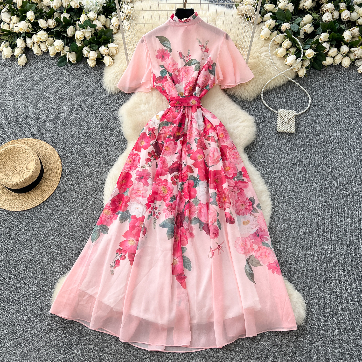 Basic Casual Dresses Summer Ruffles Chiffon Holiday Chiffon Dress Women's Stand Batwing Sleeve Gorgeous Floral Print Lace Up Belt Long Party Vest