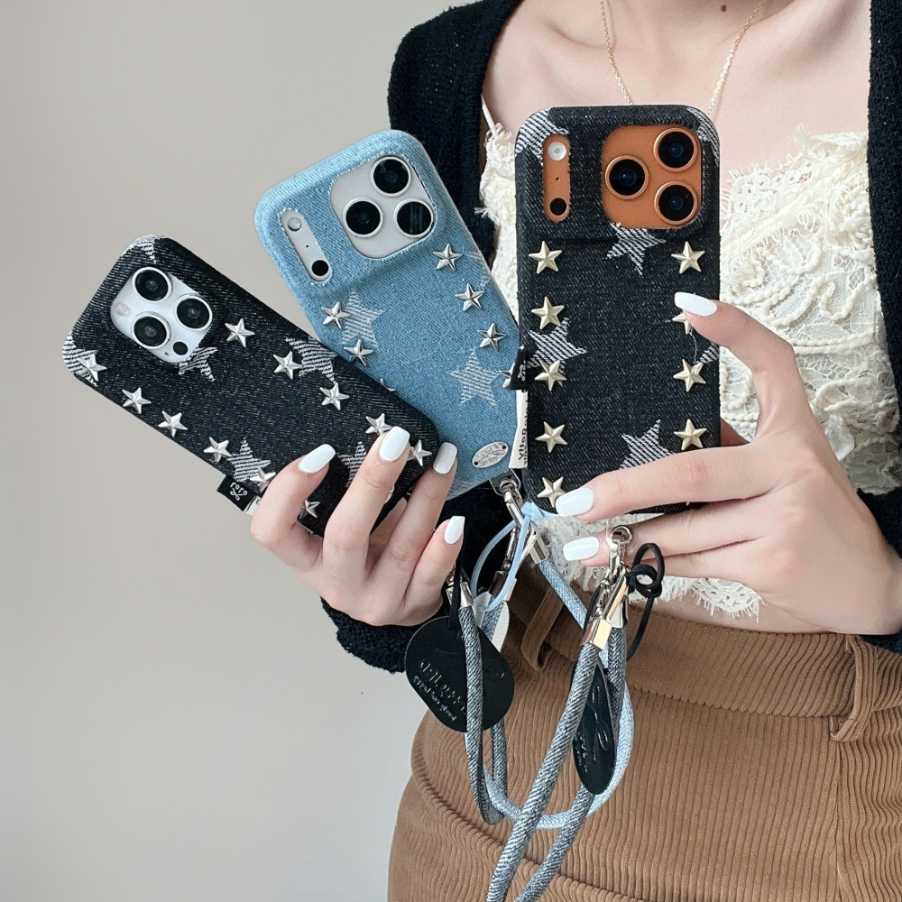 Punk Style Denim Rivet Star Phone Case Compatible with iPhone 17/16 Pro Solid Color Lanyard iPhone 15/14