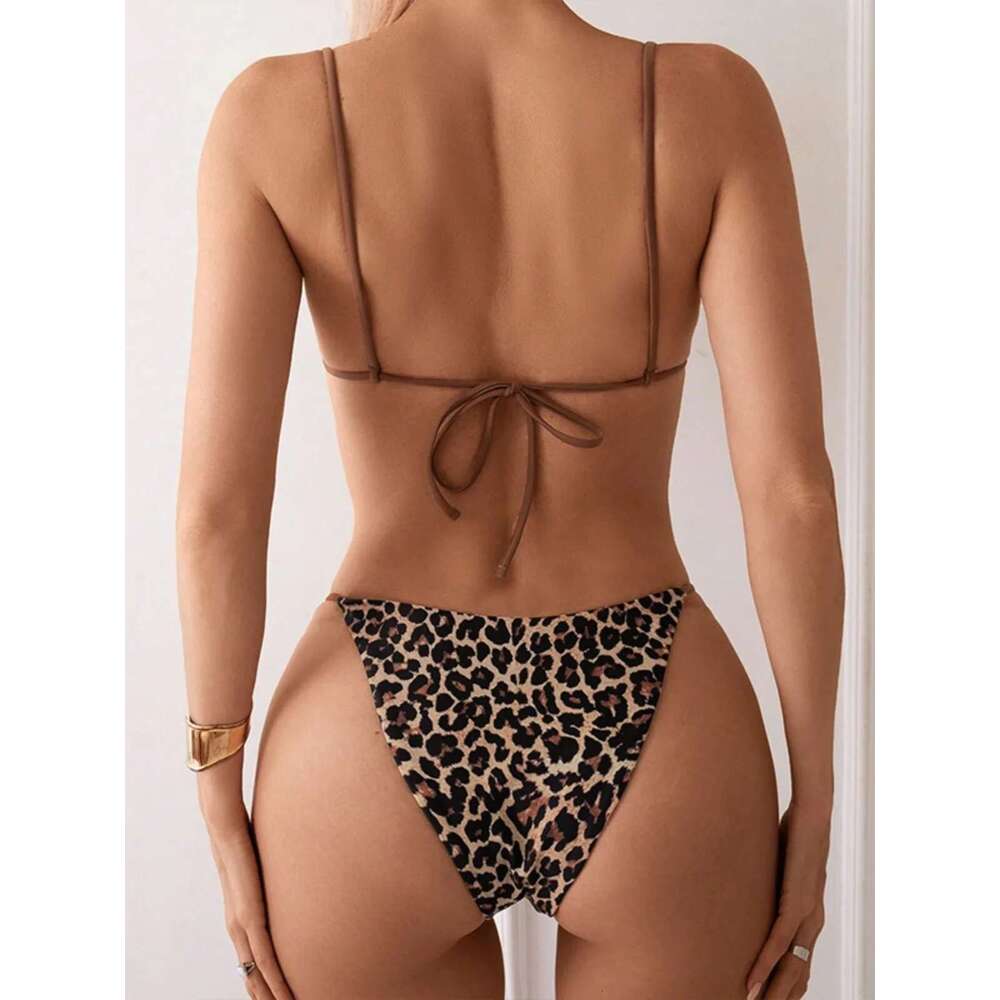 Sexy Leopard Print 2 Piece Swimsuit for Women Pearl Accessories Mini Bikini Set Low Waist Thong Beach Vacation Swimwear 2024 New