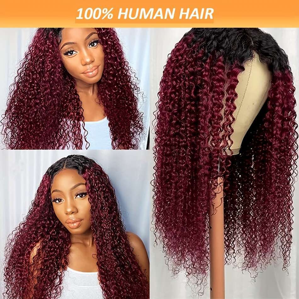 Ombre Bury Kinky Human Closure Jerry Curly Brazilian Hair Glueless Wigs With Pre Plucked 4X4 Lace Front Protective Sling Natural Look Hiensi , Premium