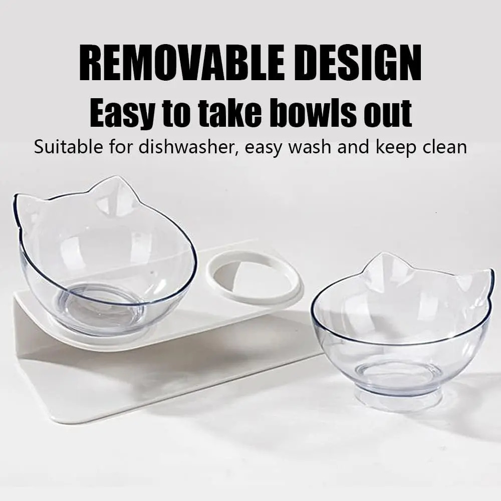 Anti slip double lift cat bowl with stand 15 tilted cat drinking and feeding bowls neck protection pet feeding bowl 250403