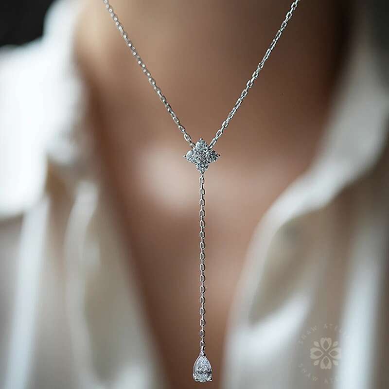 New S Sterg Sier Clover Zircon Water Droplet Shape Pendant O-Chain Choker Necklace Spring Girl Wedding Gift Fine Jewelry