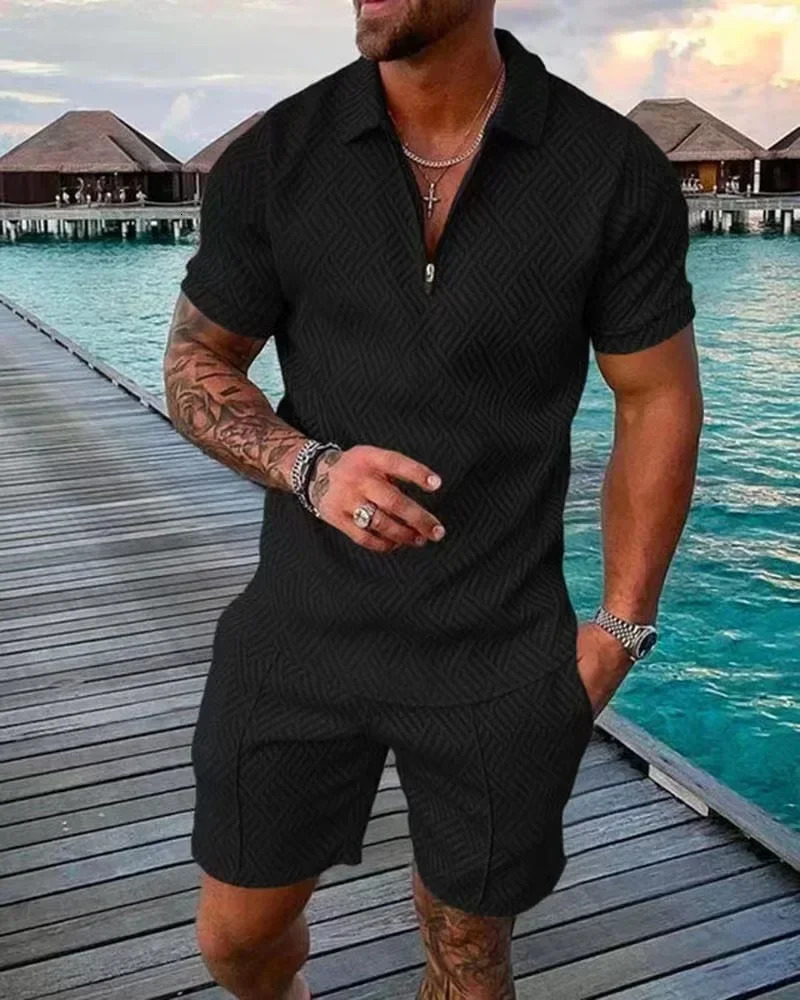 3D digital printing mens fashion casual suit short sleeved polo shirt and shorts 2-piece set sportswear mens wear 250402