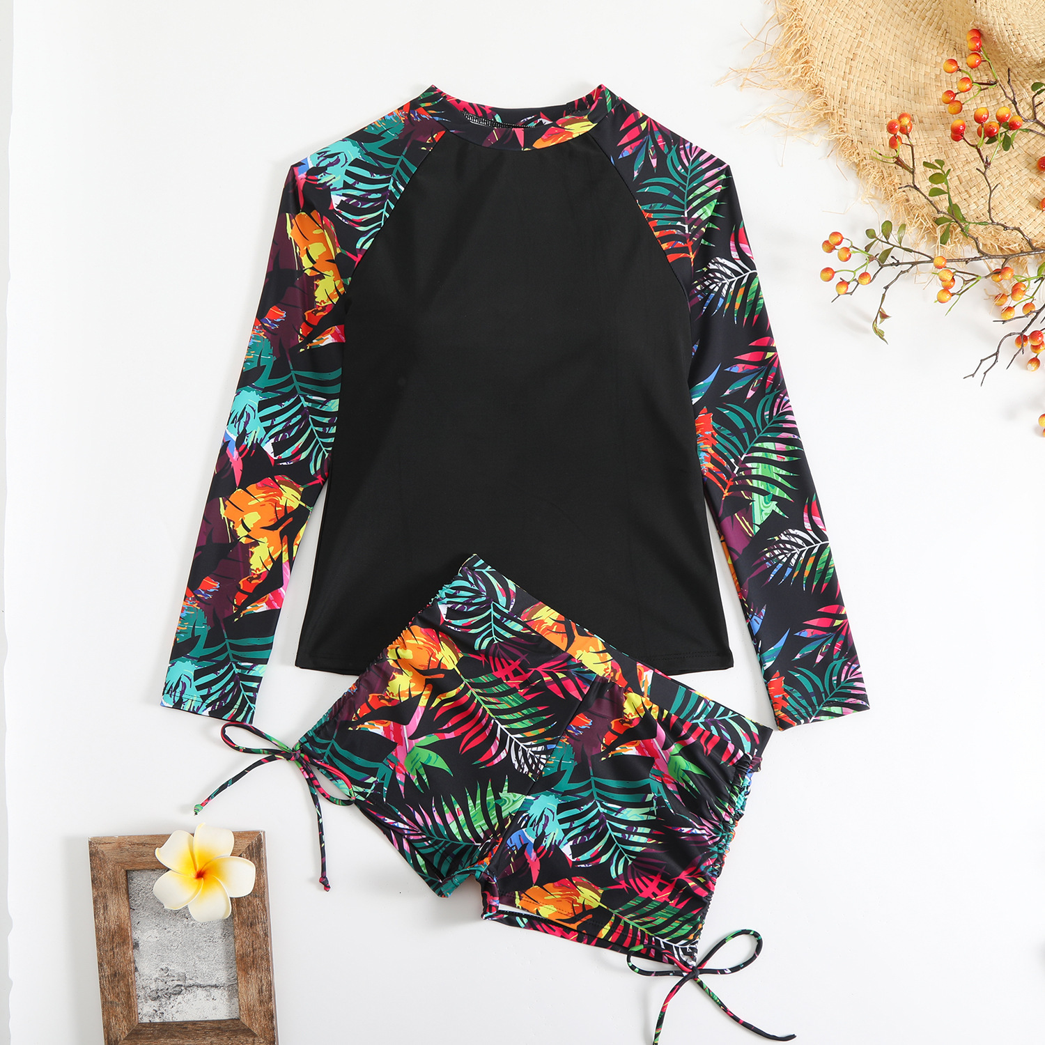 2025 beach racing snorkeling surfing suit long sleeved drawstring flat angle pants sun protection conservative swimsuit for women