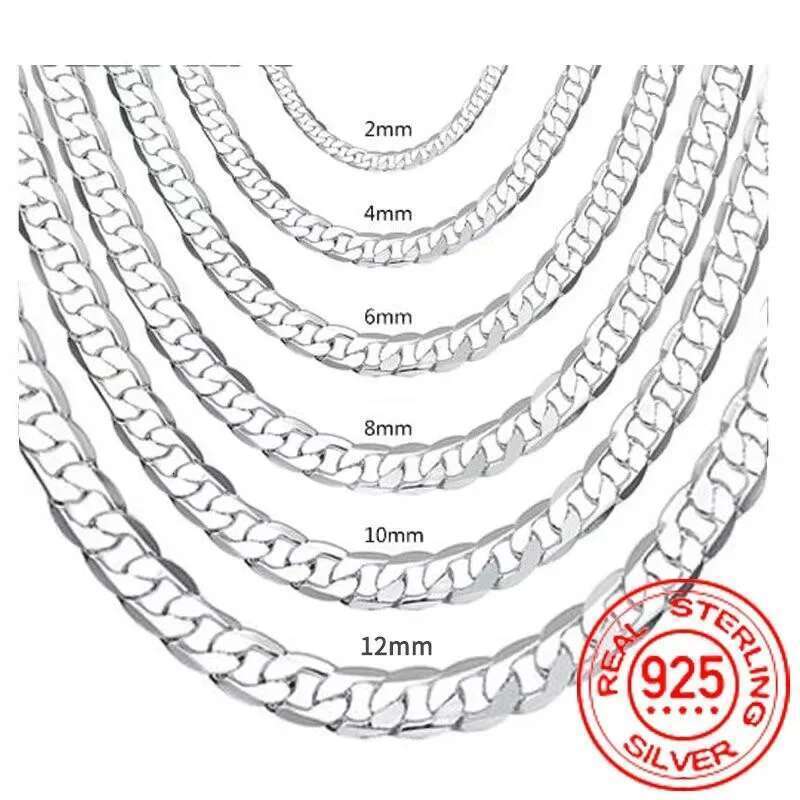 Men's Sterg Sier 2/4/6/8/10/12MM 40-75cm Face Chain Necklace Lobster Clasp Men Women Engagement Jewelry Gifts