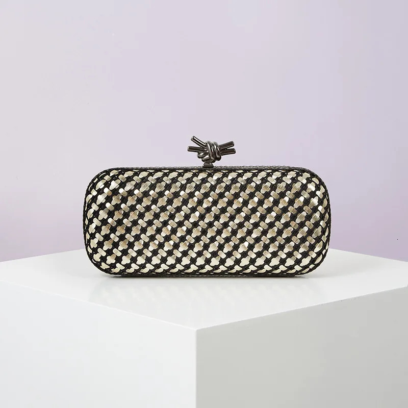 Gold Evening Clutch Bag for Women Leather and Bright Line Woven Purse Elegant Ladies Metal Knot Party Handbag Bolsas Femininas 251106