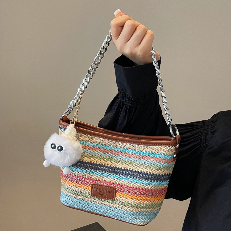 2025S Designer Women S Bag Bucket For Women Chiond Rainbow Color Summer Style Shoulder Bag Versatile New Woven Crossbody Bag