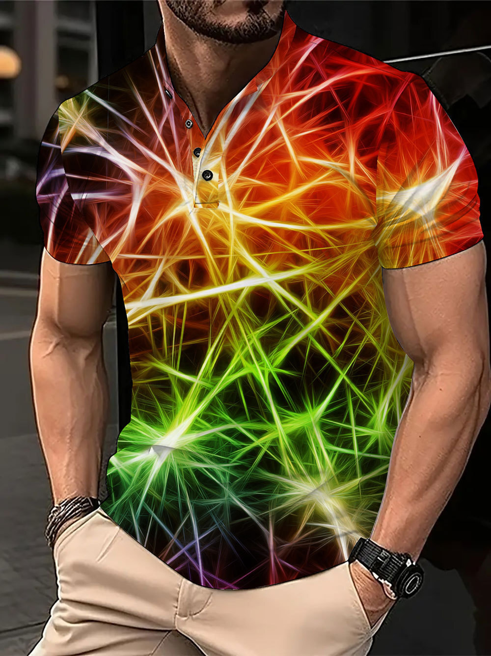 Mens digital printed casual buckle polyester short sleeved T-shirt polo shirt top