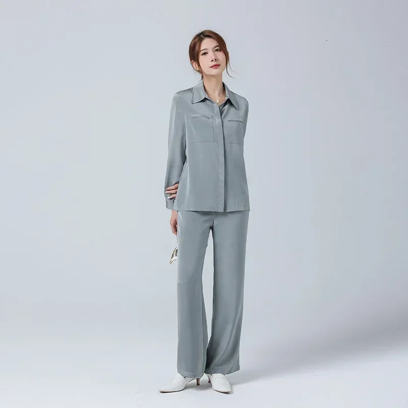 Heavy duty Womens Silk Shirt Pants Set Simple Mulberry Long Sleeve Two Piece Coat 250403