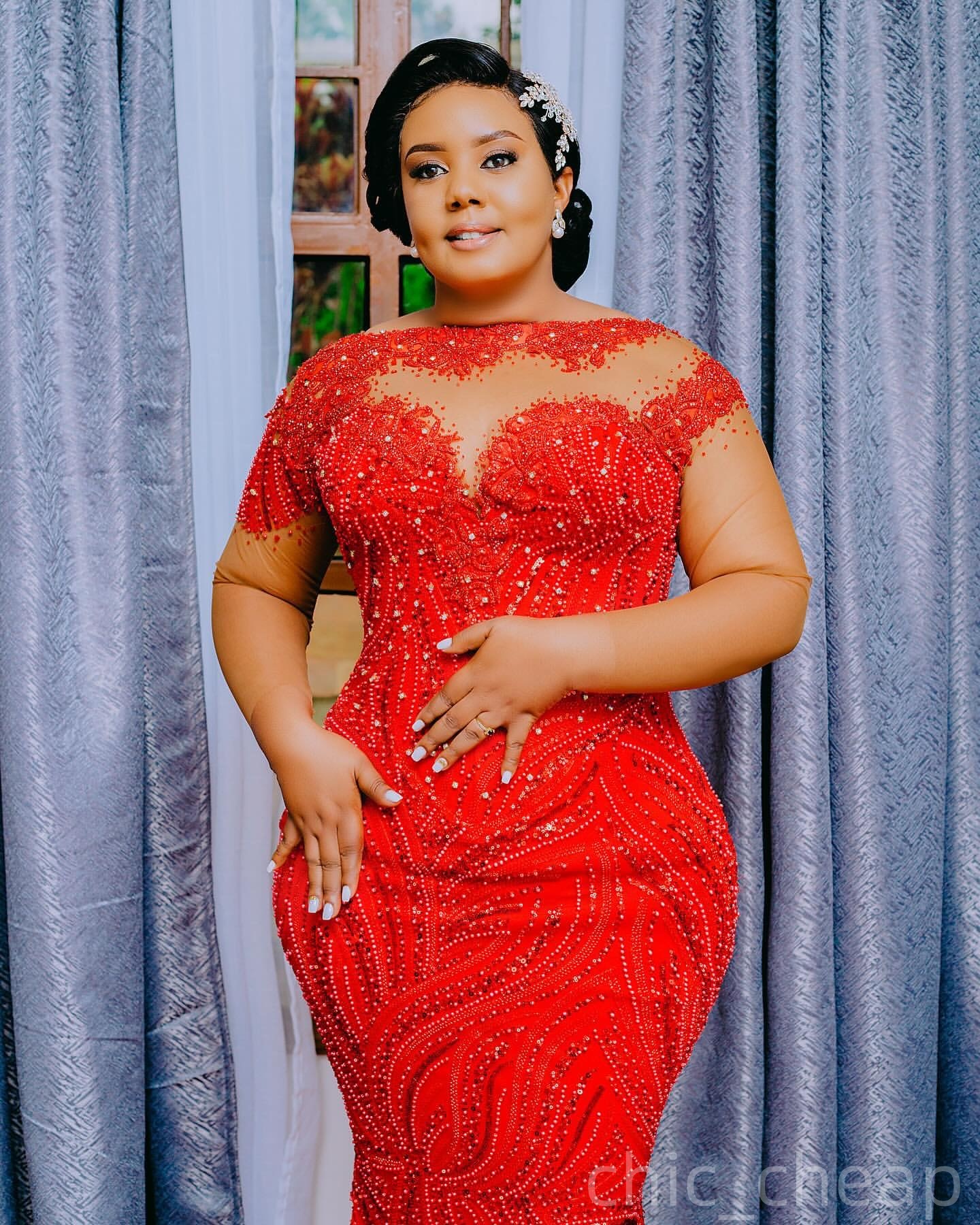 Red Mermaid Prom Dresses 2026 Beaded Crystals Sheer neck Sequined Evening Formal Party Second Birthday Engagement Gowns Plus Size Dress For Special Oc