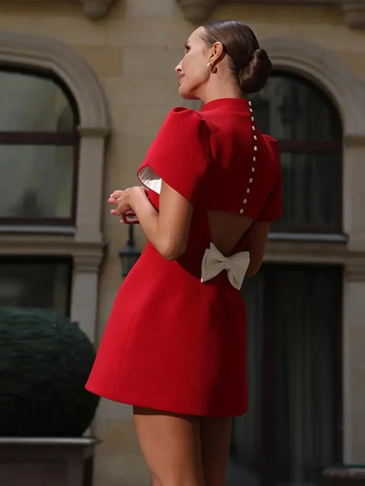 Hallow Out Bow Mini Dress Red Turtle Neck Weight Loss Pad Shoulders Womens High Waist A-Line Dress Socialite Street Evening Dress 250402