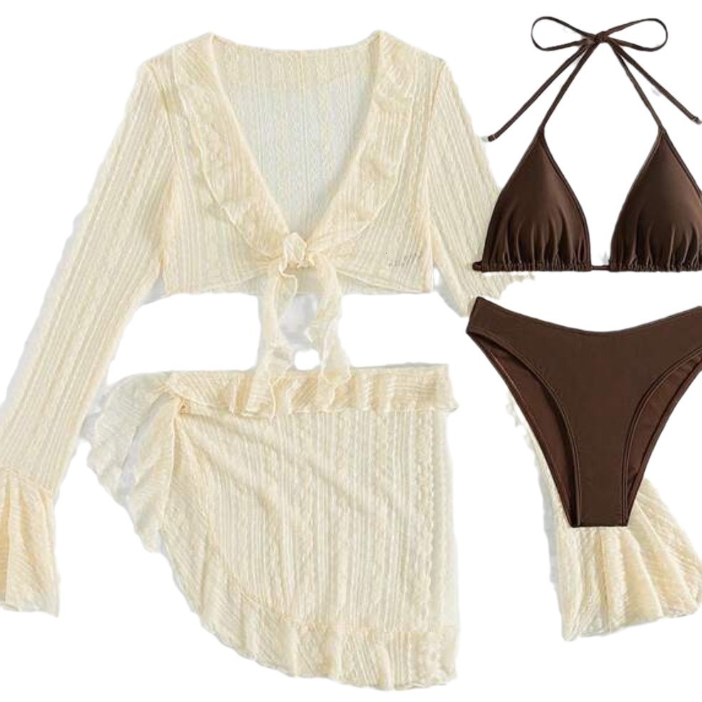 New vacation set swimsuit women's trumpet long sleeved hooded sweatshirt chiffon dress sexy bikini women