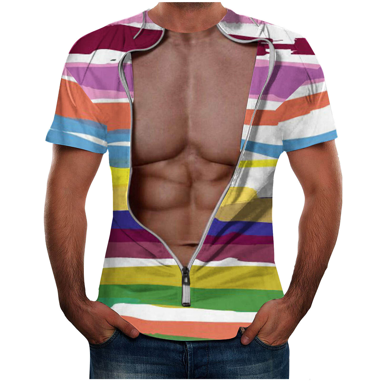 20243D printed mens short sleeved T-shirt spoof fake shirt 3D digital printed fun mens T-shirt