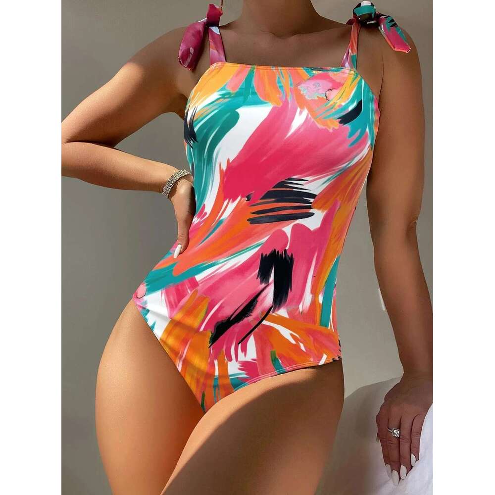 Women Swimwear 2023 Colored Drawing One Piece Swimsuit Sexy Lace Up Bikini Monokini Summer Slim Suspender Bathing Suit JND230002