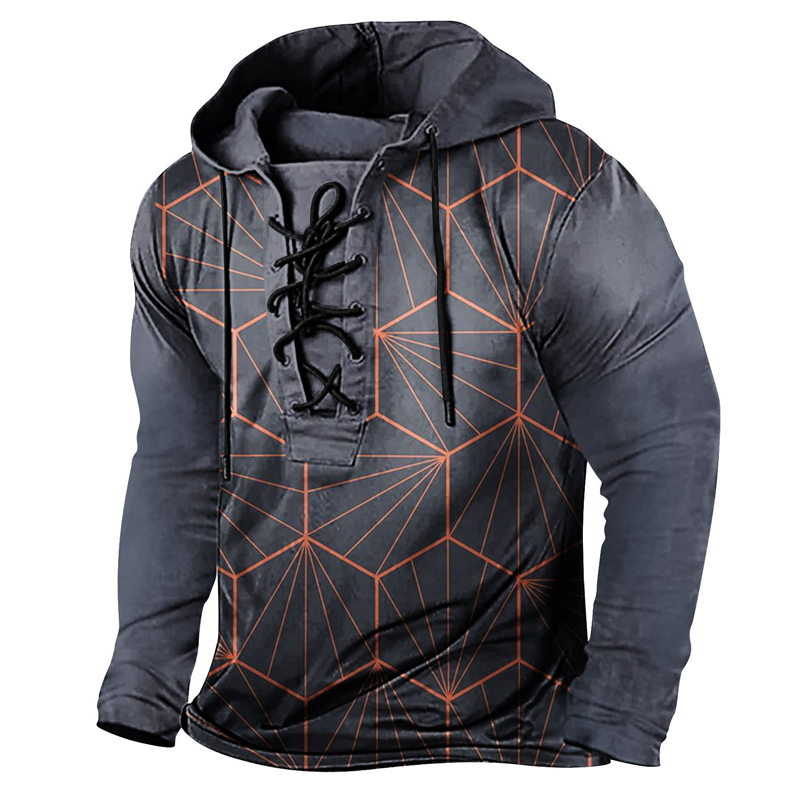 2024 Spring New Mens Digital Printed Strap Up Large Hooded Long Sleeve T-shirt Mens Wear