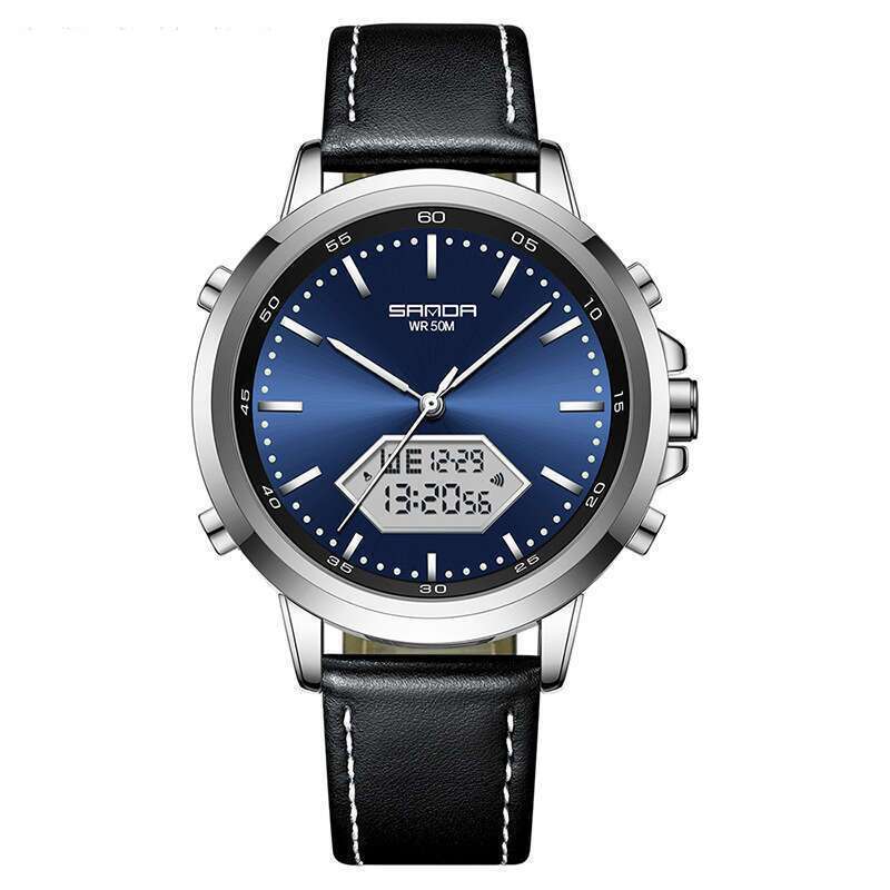 DHwatches Sanda Electronic Waterproof Multifunctional Fashion Casual Leather Steel Strap Men's Business Watch