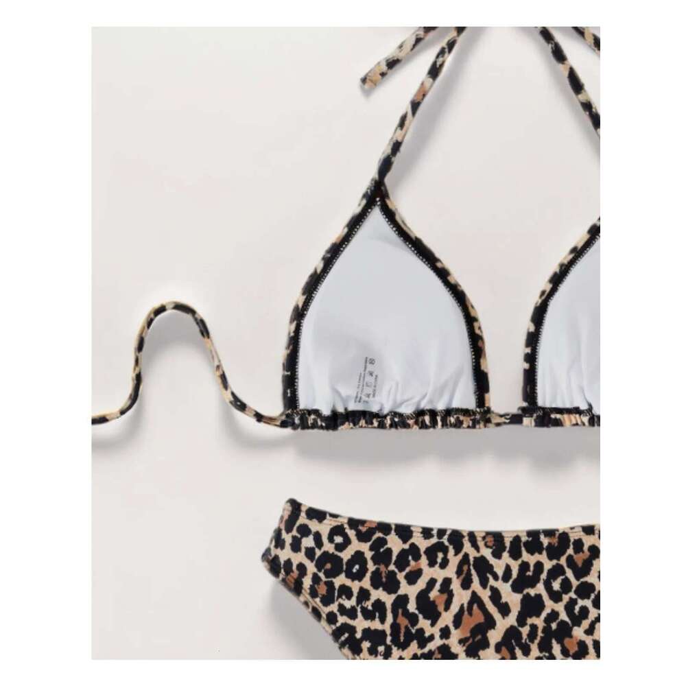 Sexy Leopard Print 2-piece Women's Swimsuit 2024 New Triangle Bra Halter Backless Bikini Set Suspender V-neck Beach Swimwear