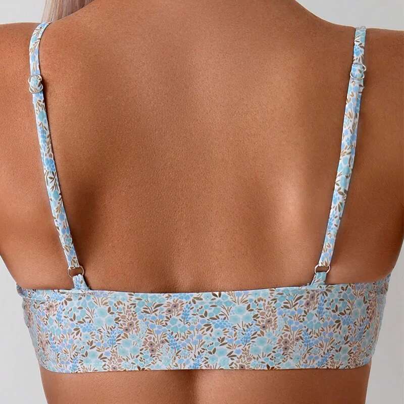 2025 New ral Print Bikini Set Women's Light Blue Lace 2 Piece Swimsuit V-neck Suspender Backless Beach Vacation Bathing Suit
