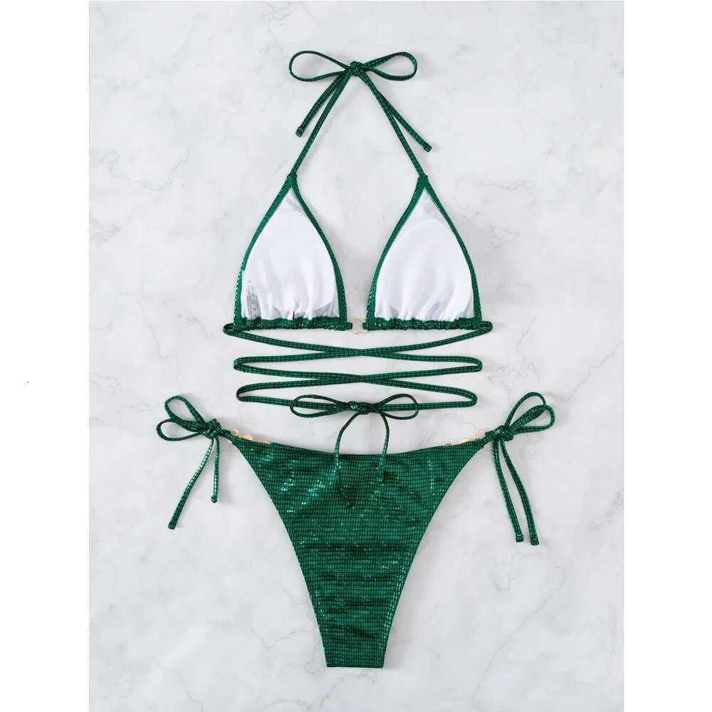 2024 Green Shiny Bikini Women 2-piece Low Waist Swimsuit Sexy Triangle Cup Suspender Backless Bathing Suit Summer Beach Swimwear