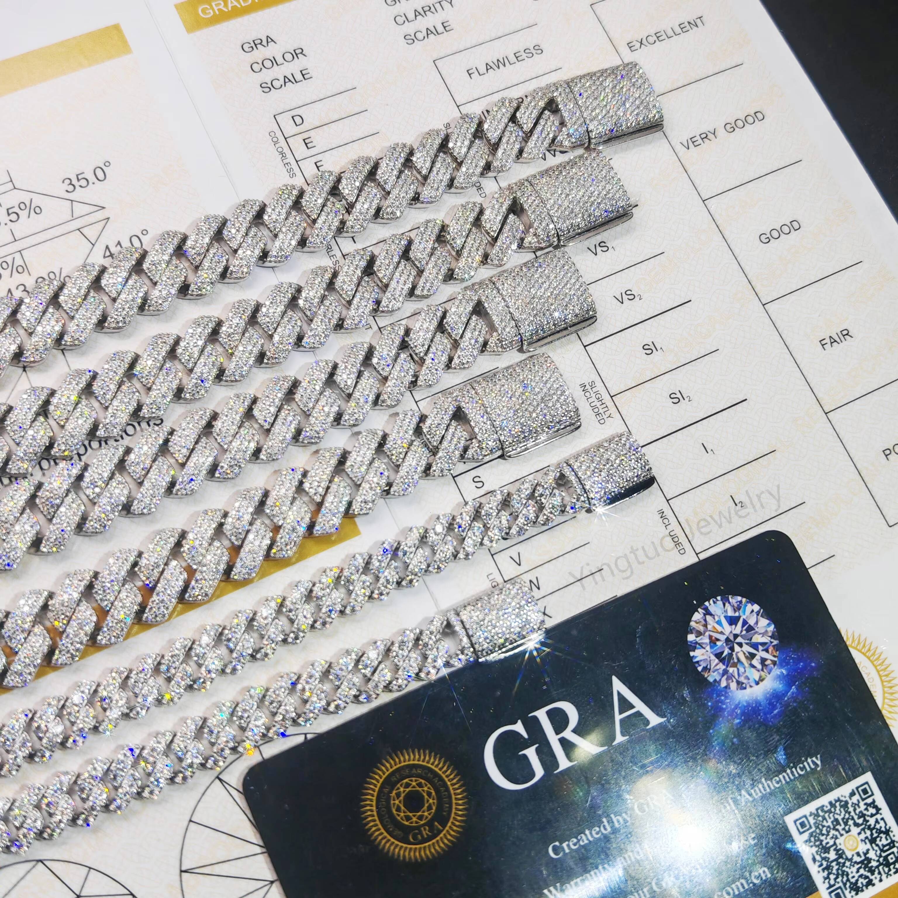 Luxury Hip Hop Style 925 Sterling Silver Moissanite Style Cuban Link Chain Fully Iced Out Chain Round Cut Diamond Chain for Men