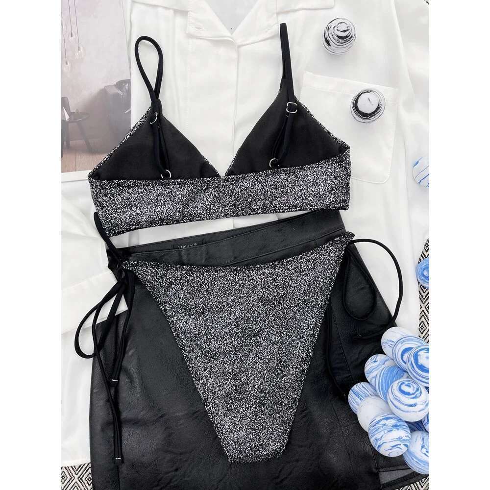 Black Shiny Bikini 2025 Two-piece Swimsuit Women Sexy V-neck Push Up Padded Bathing Suit Low Waist Backless Beach Swimwear